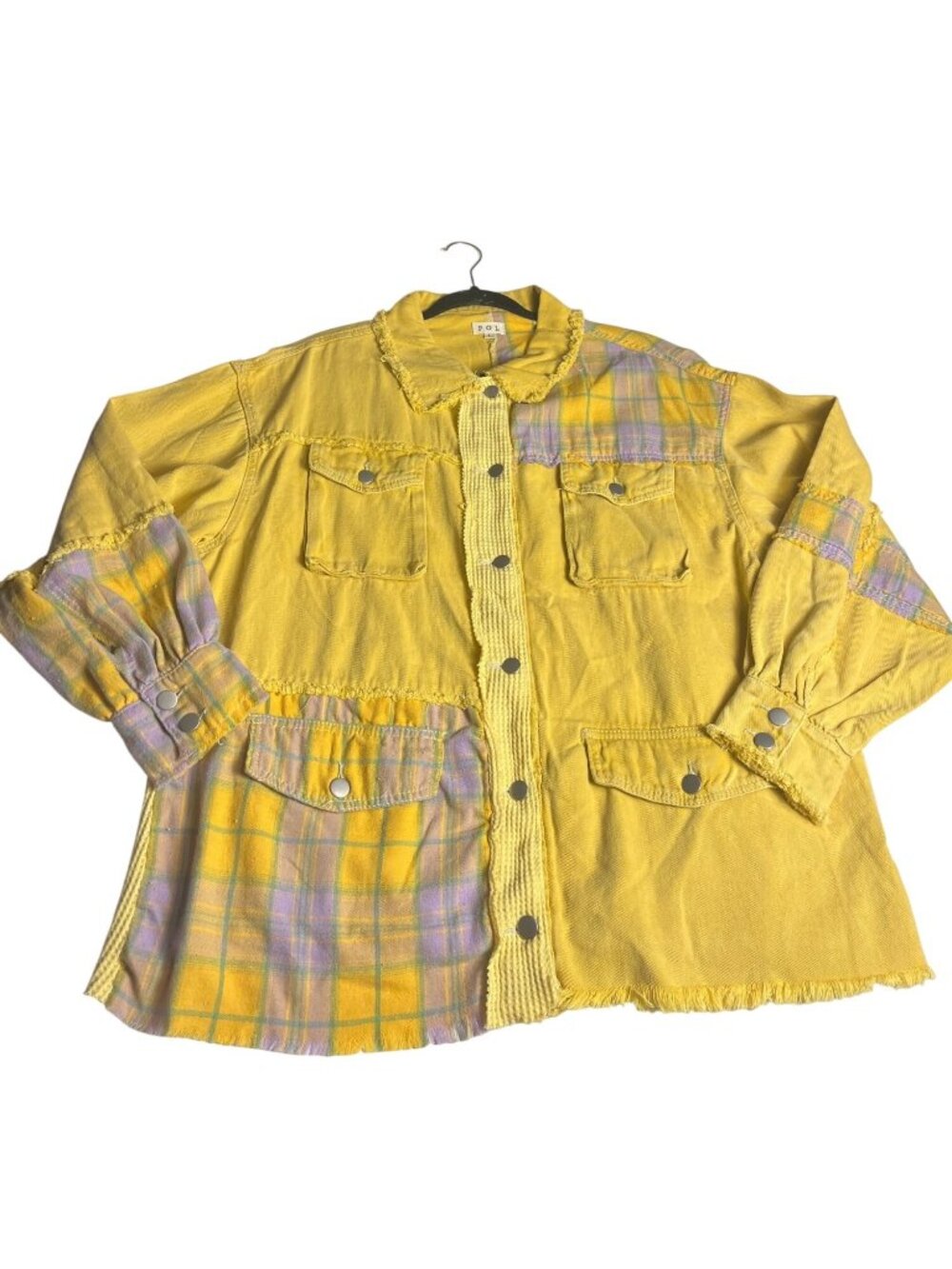 POL Oversized Yellow Patchwork L Distressed Shacket/Jacket Plaid  Frayed Hem